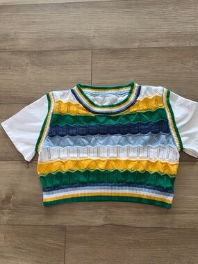 La Chapelle Striped Knit Layered-Look Top in Green, Yellow & Blue small